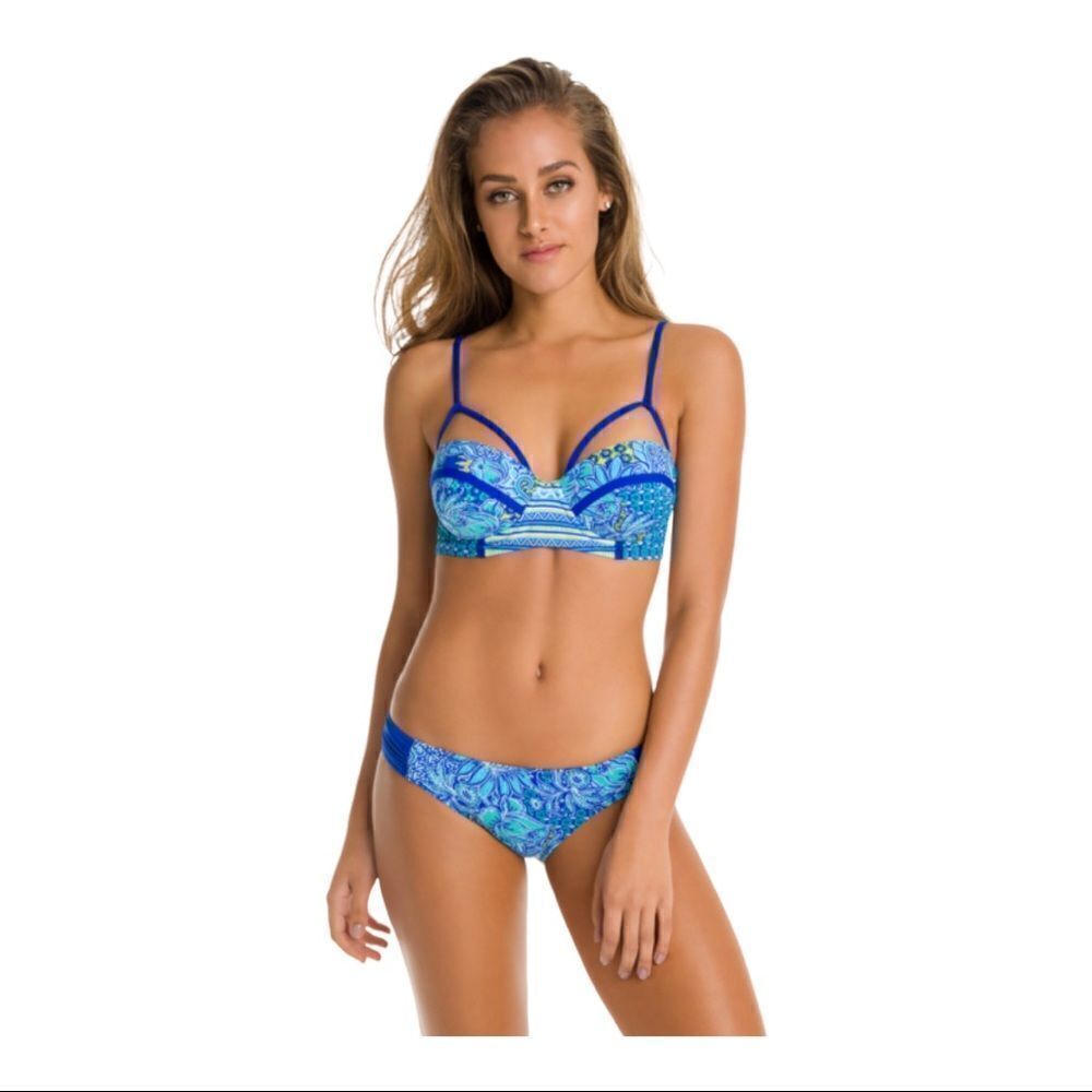 KikiRio Blue Boho Floral Print Joey Demi Bandeau Top; SZ 34C/36B; BNWT